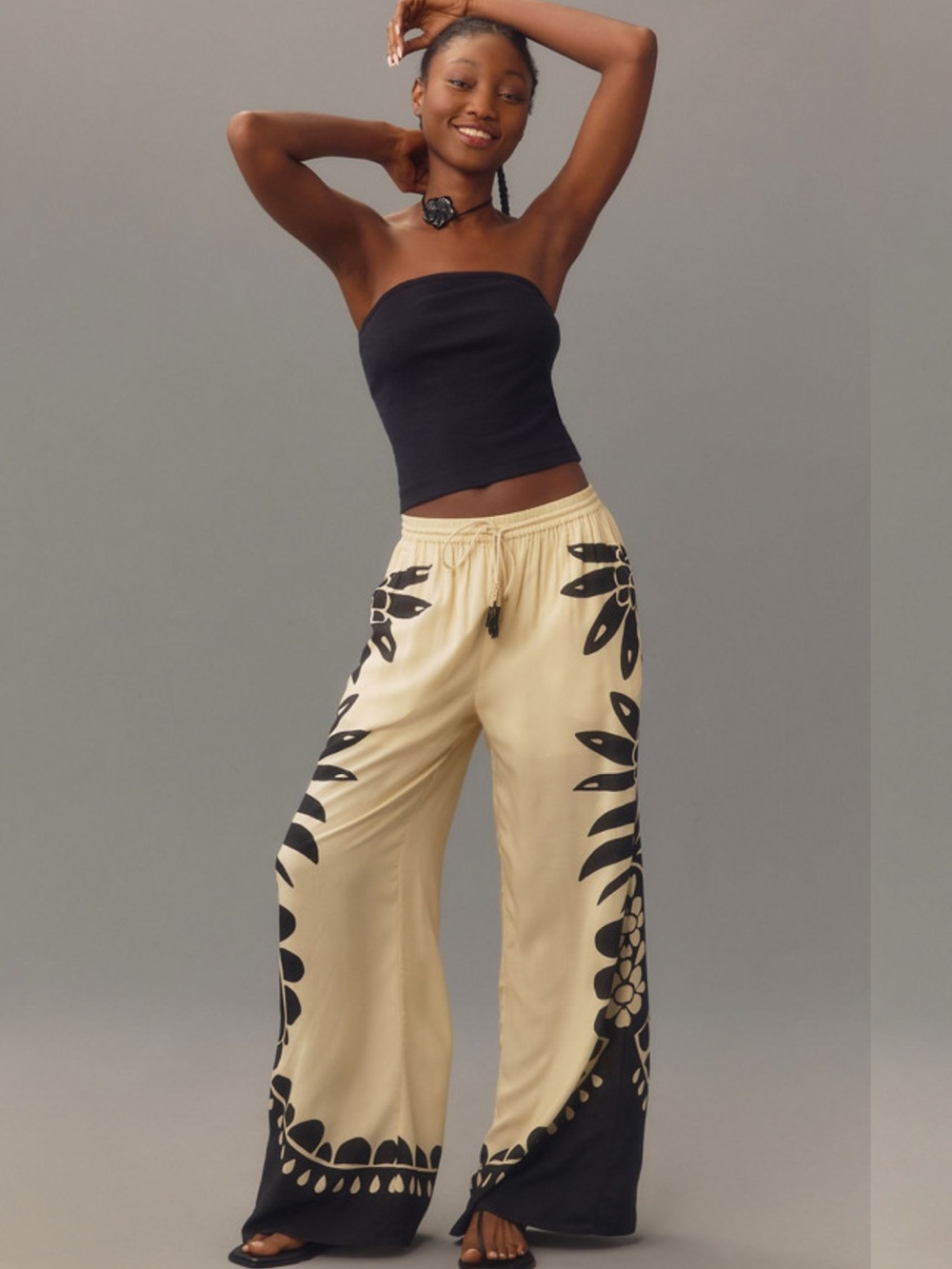 FARM Rio Cream Wide-Leg Pants with Black Floral Print